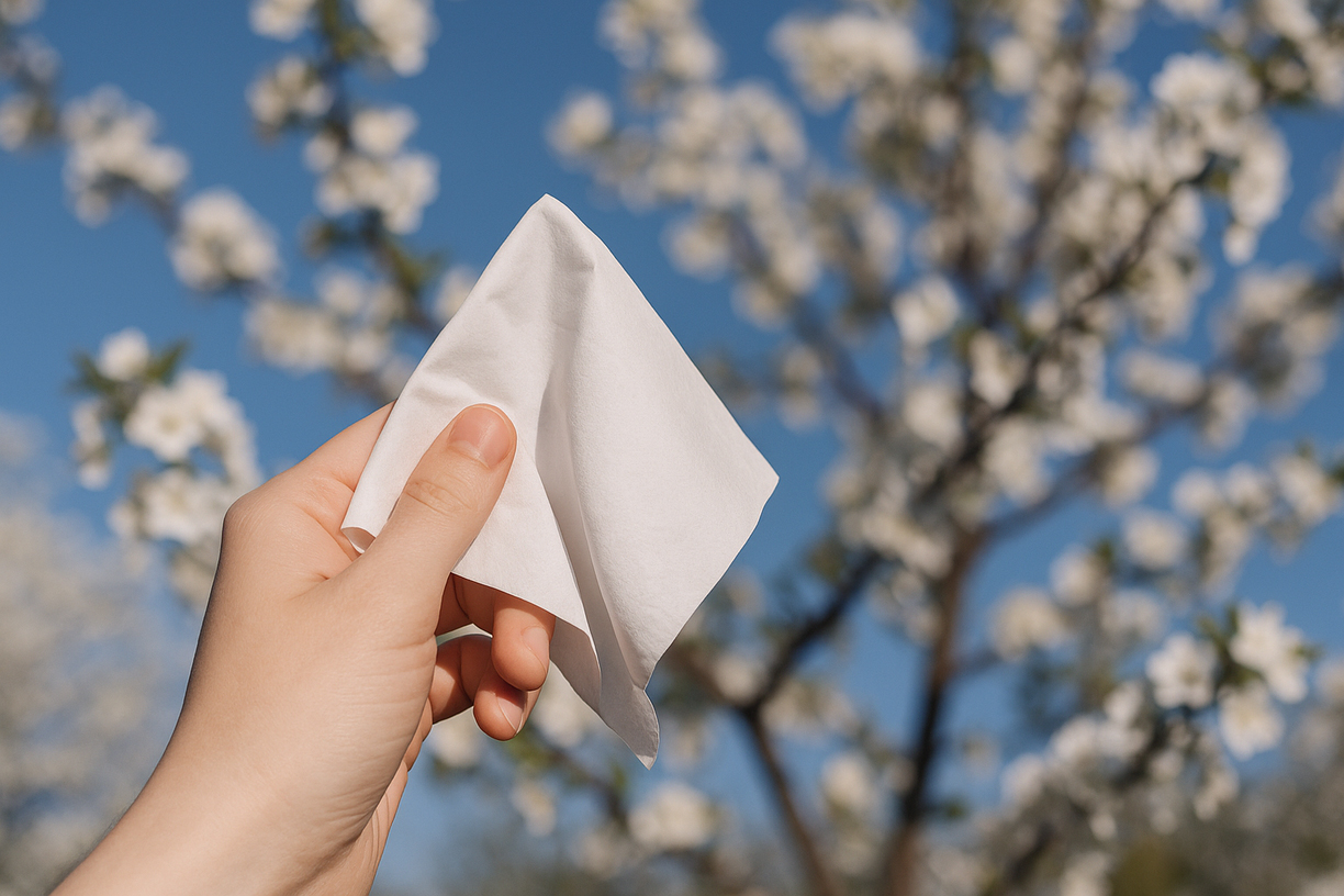 Blühende Bäume und eine Person mit Taschentuch