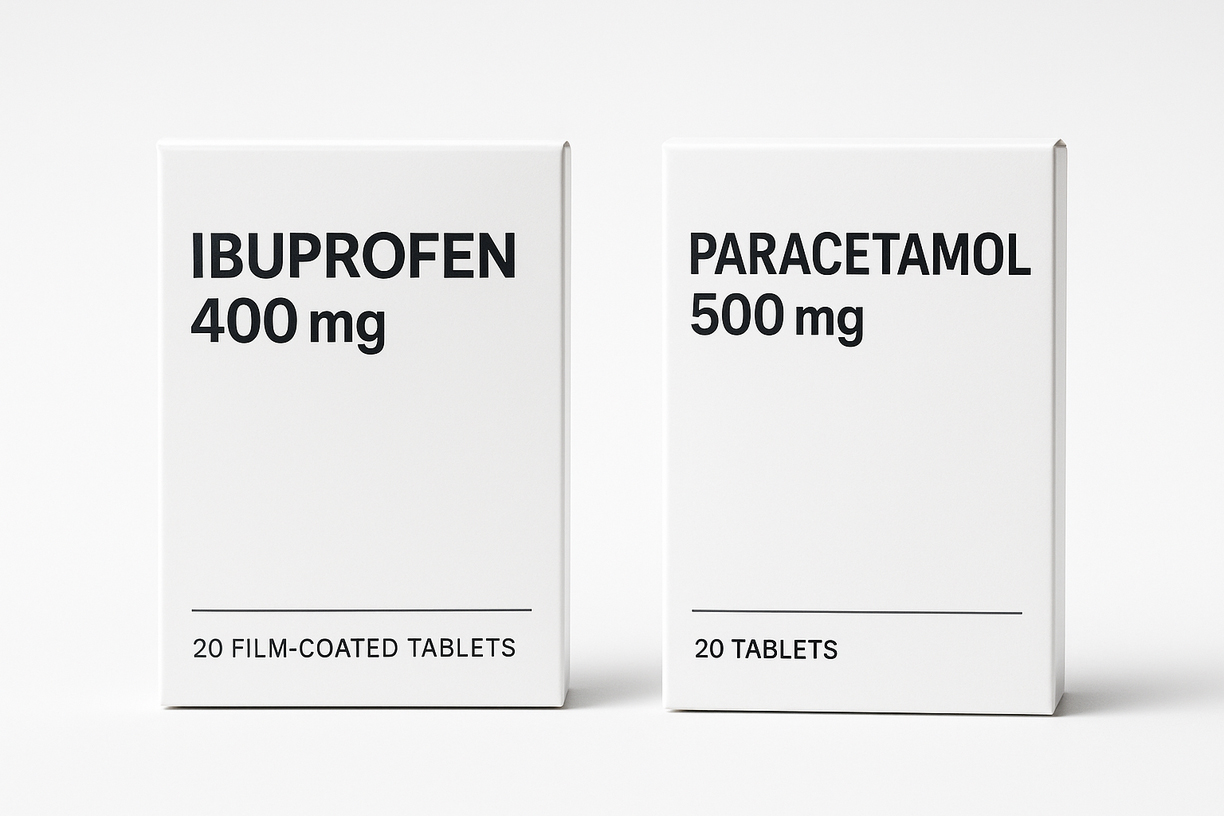 Ibuprofen und Paracetamol Packungen nebeneinander