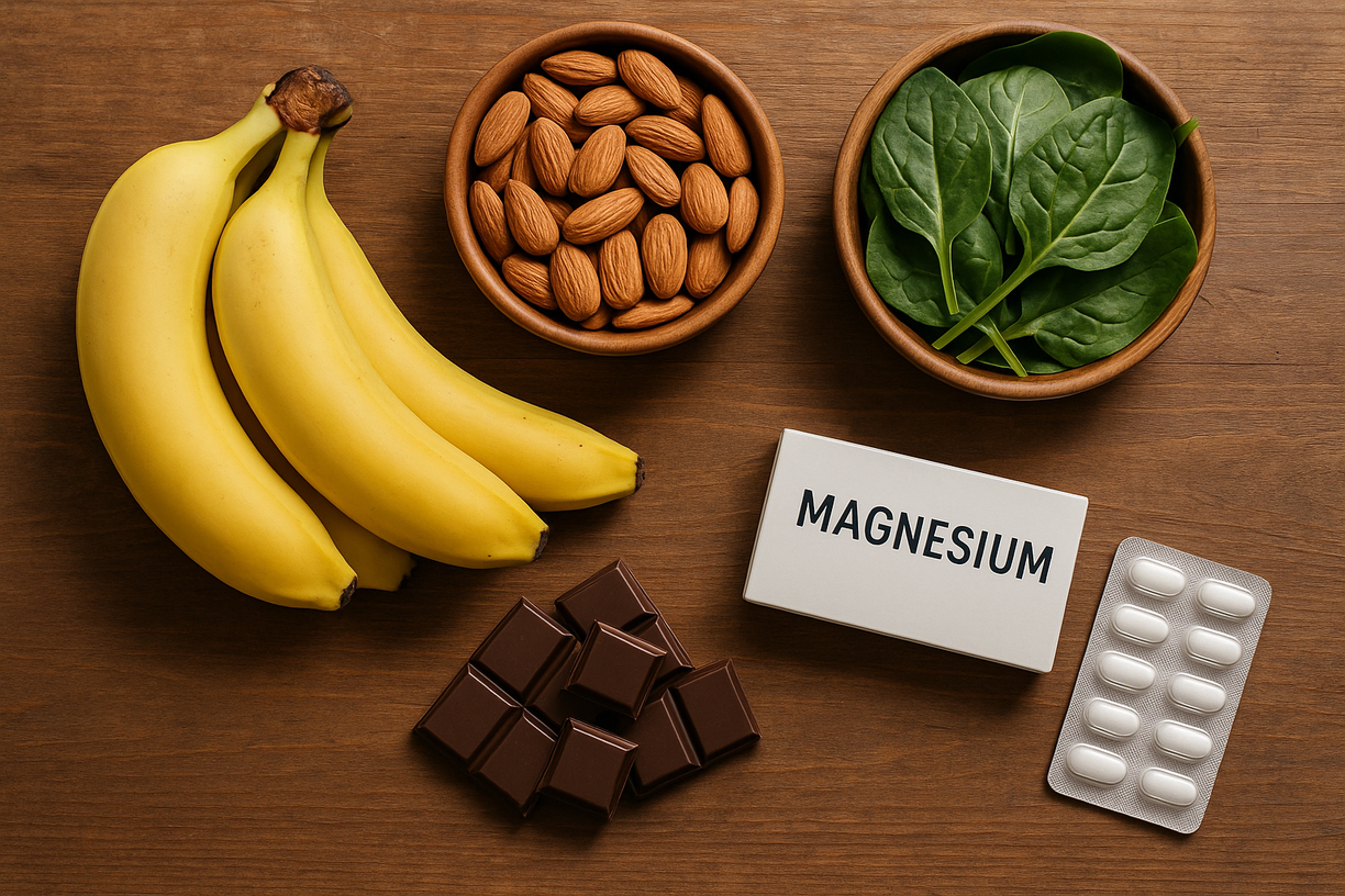 Magnesium-Tabletten und Lebensmittel wie Bananen und Nüsse