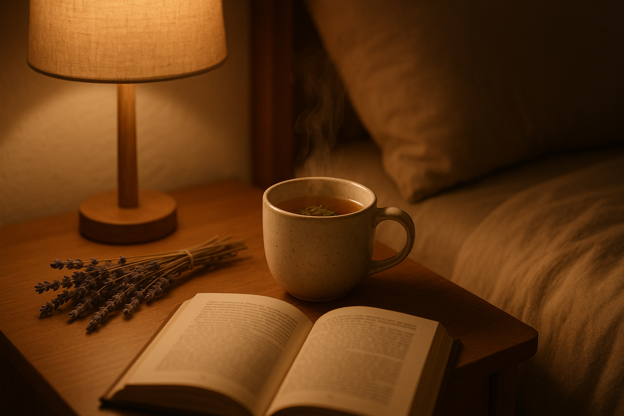 Eine schlafende Person und eine Tasse Kräutertee