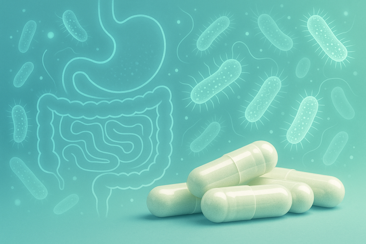 Kapseln mit Probiotika und Joghurt im Hintergrund